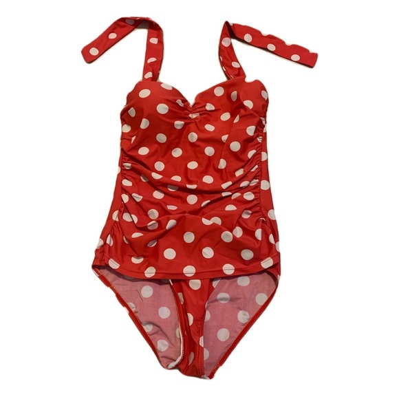 Retro Red & White Polka Dot Ruched Halter One-Piece Swimsuit- Small - Picture 1 of 5